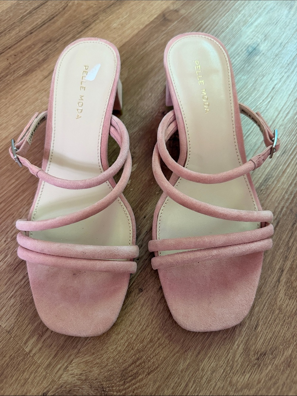 Pelle Moda Blush Pink Suede Strappy Block Heels, size 7.5, EUC